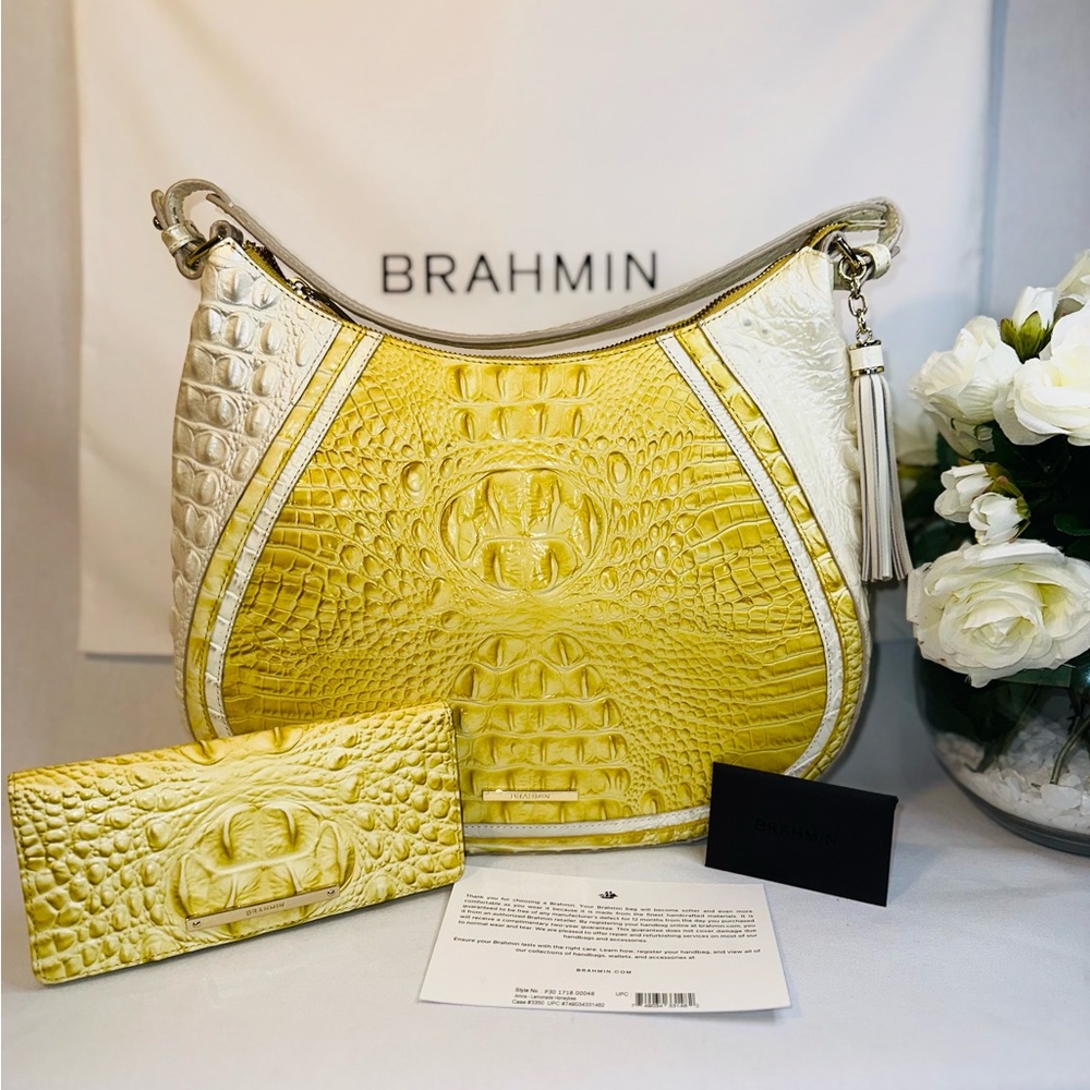Brahmin Yellow and Cream Croc-Embossed Hobo Bag